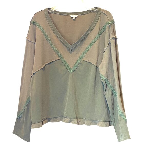 POL V-Neck Long Sleeve Exposed Seam Waffle Knit Mixed Media Top M Khaki #141V - Picture 1 of 8
